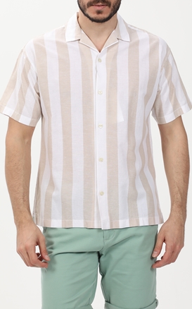 JACK & JONES-Ανδρικό κοντομάνικο πουκάμισο JACK & JONES 12232217 JPRSUMMER LINEN λευκό μπεζ ριγέ